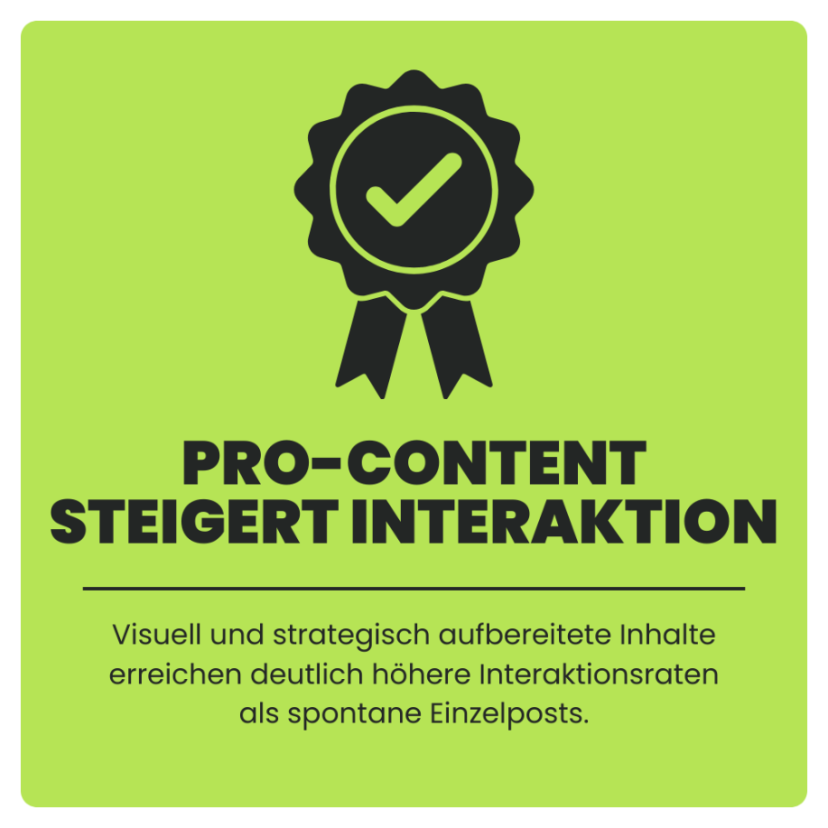 Warum professioneller Content?

Geplante Inhalte erzielen mehr Reichweite und Interaktion.