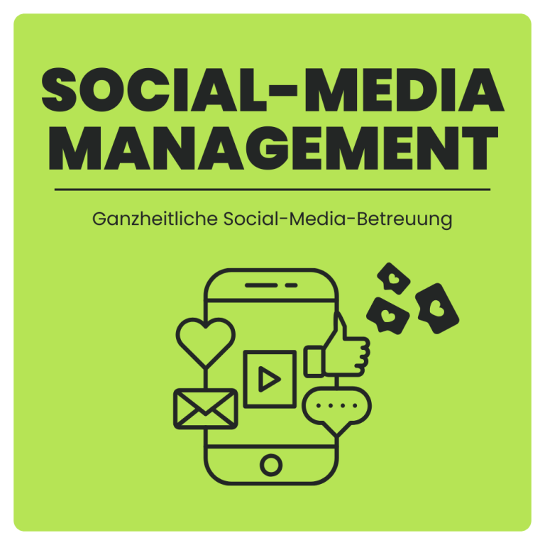 Logo für Social-Media-Management mit Smartphone und Kommunikationssymbolen auf grünem Hintergrund.