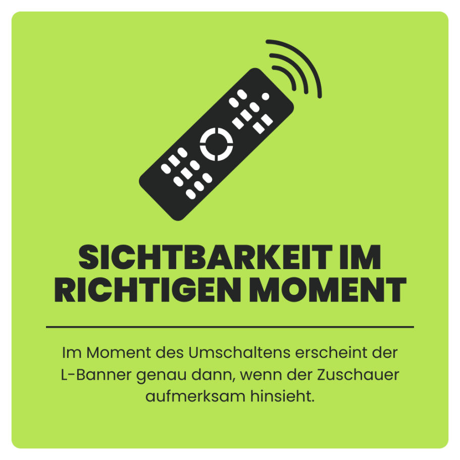 Fernbedienung auf grünem Hintergrund, Text über Sichtbarkeit im richtigen Moment.